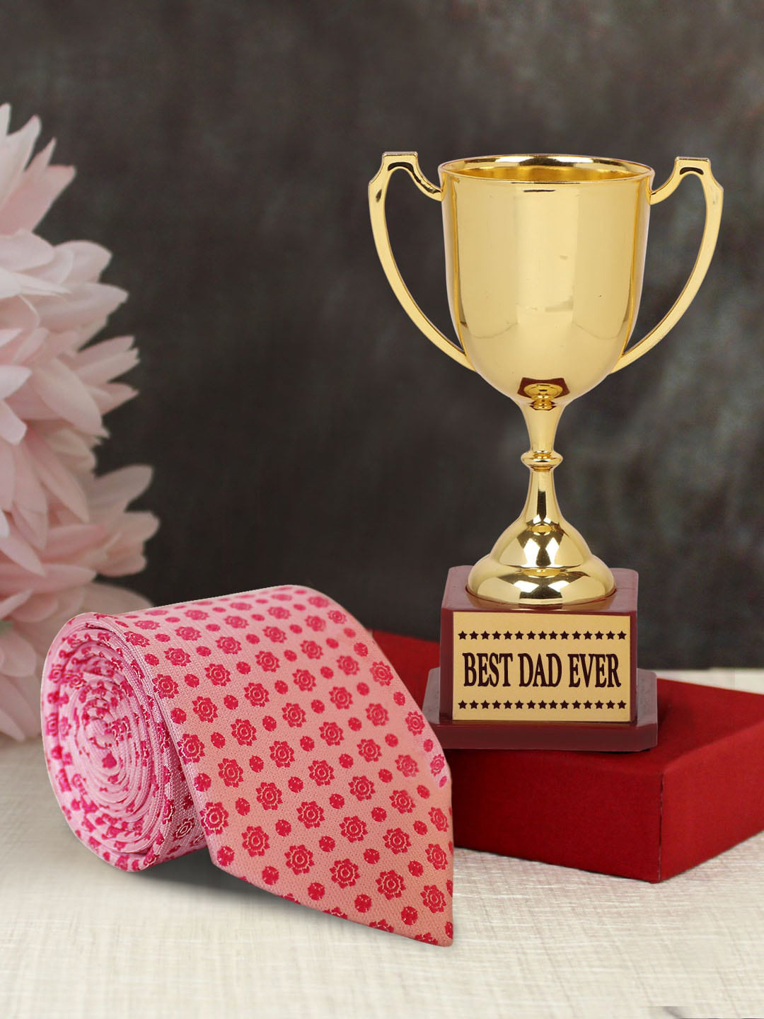 TIED RIBBONS Pink Father's Day Gift for Dad Trophy with Neck Tie Combo