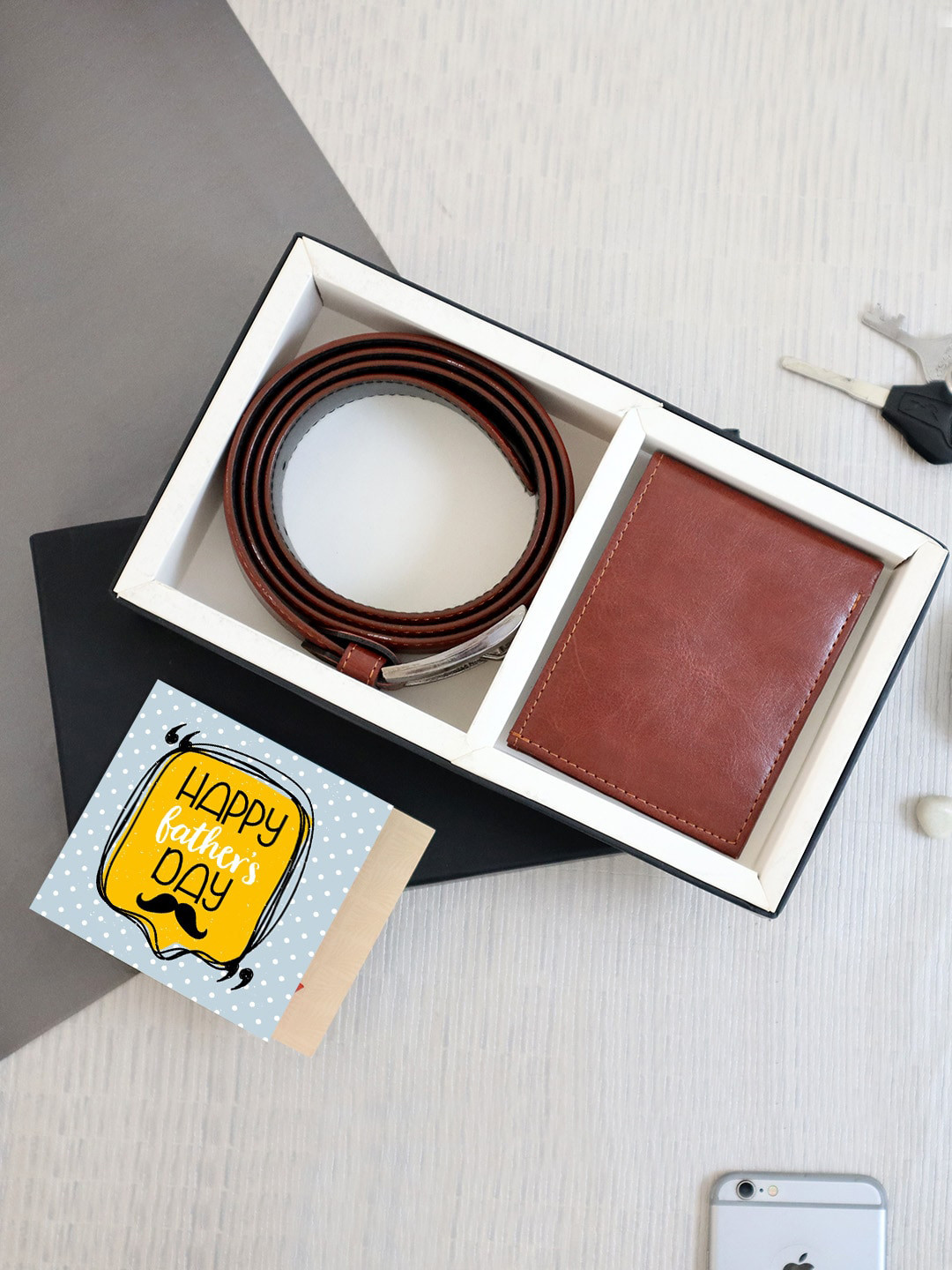 TIED RIBBONS Brown & Yellow Father's Day Gift Leather Wallet and Belt with Card Hamper