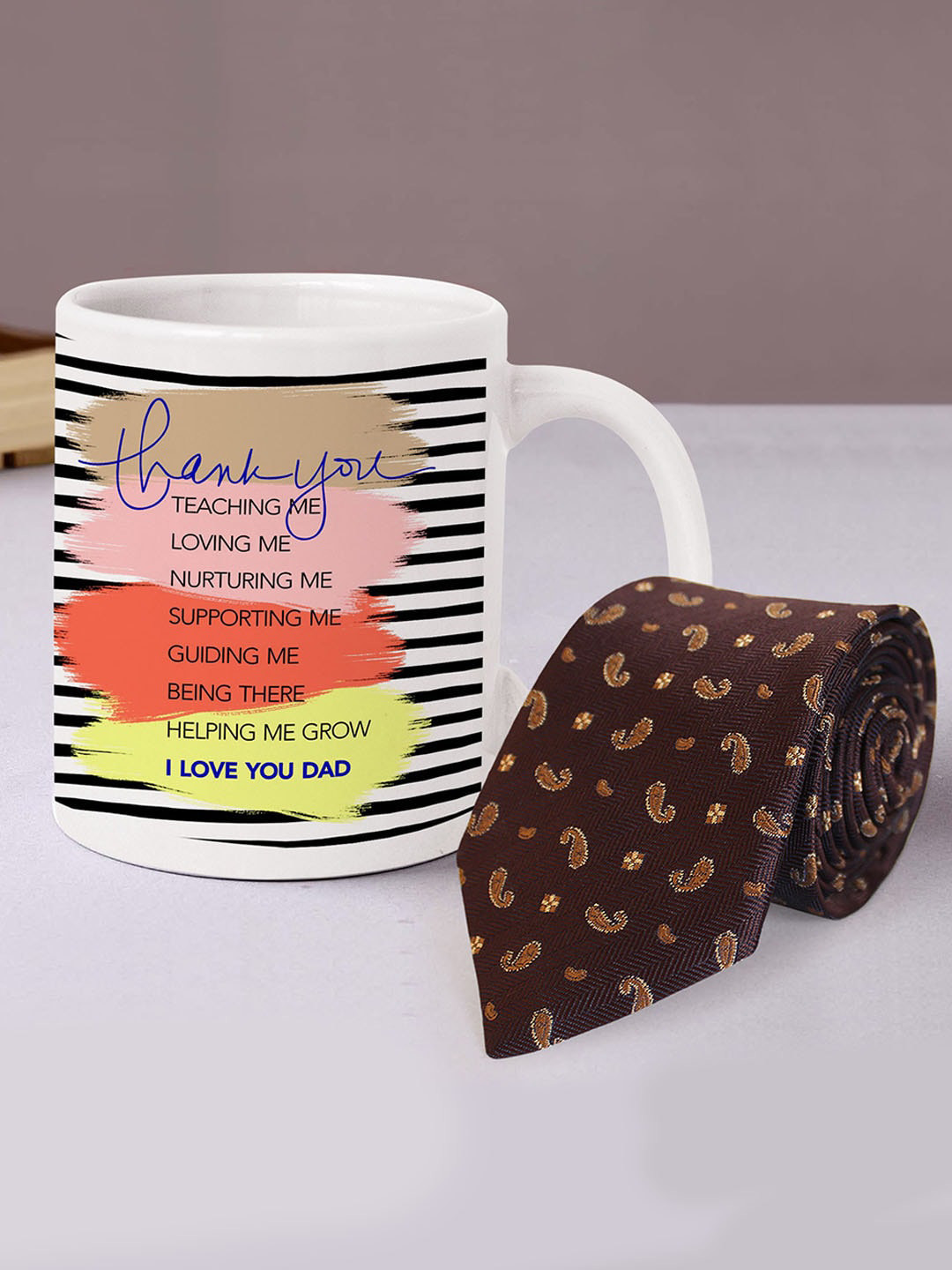 TIED RIBBONS White & Brown Printed Coffee Mug with Necktie Hamper Gift Sets