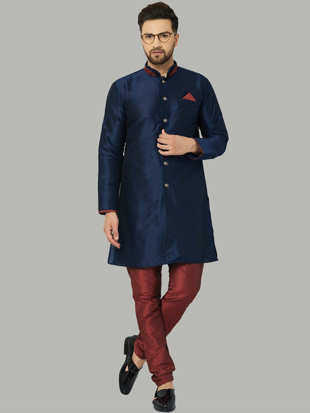 Kaifoo Men Maroon & Navy Blue Solid Sherwani Set