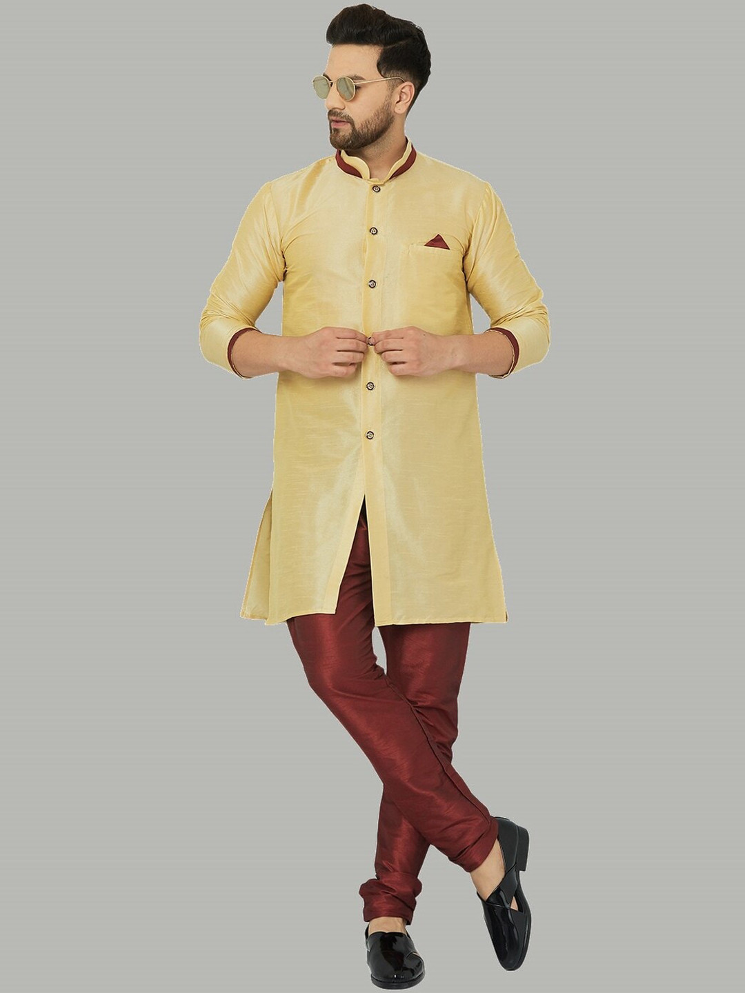 Kaifoo Men Gold-Coloured & Maroon Solid Sherwani Set