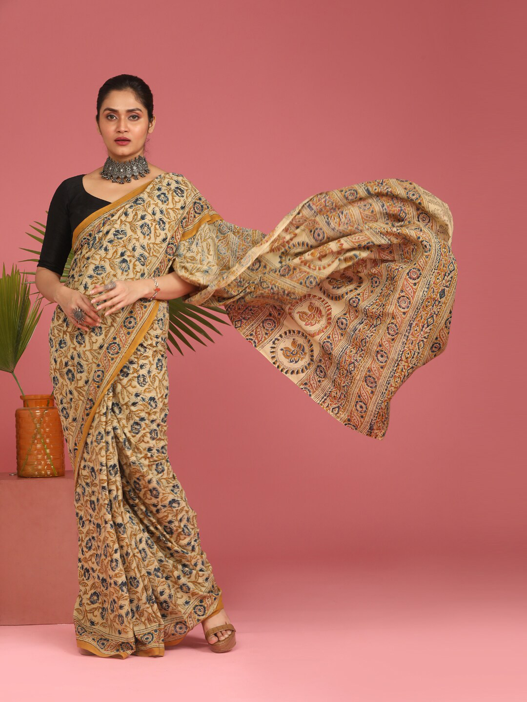 Indethnic Multicoloured & Beige Kalamkari Pure Cotton Block Print Saree