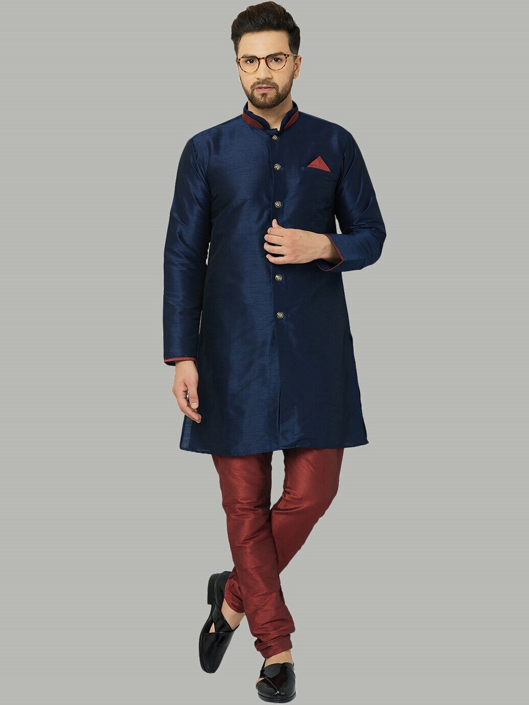 Kaifoo Men Navy Blue Silk Blend Kurta with Pyjamas