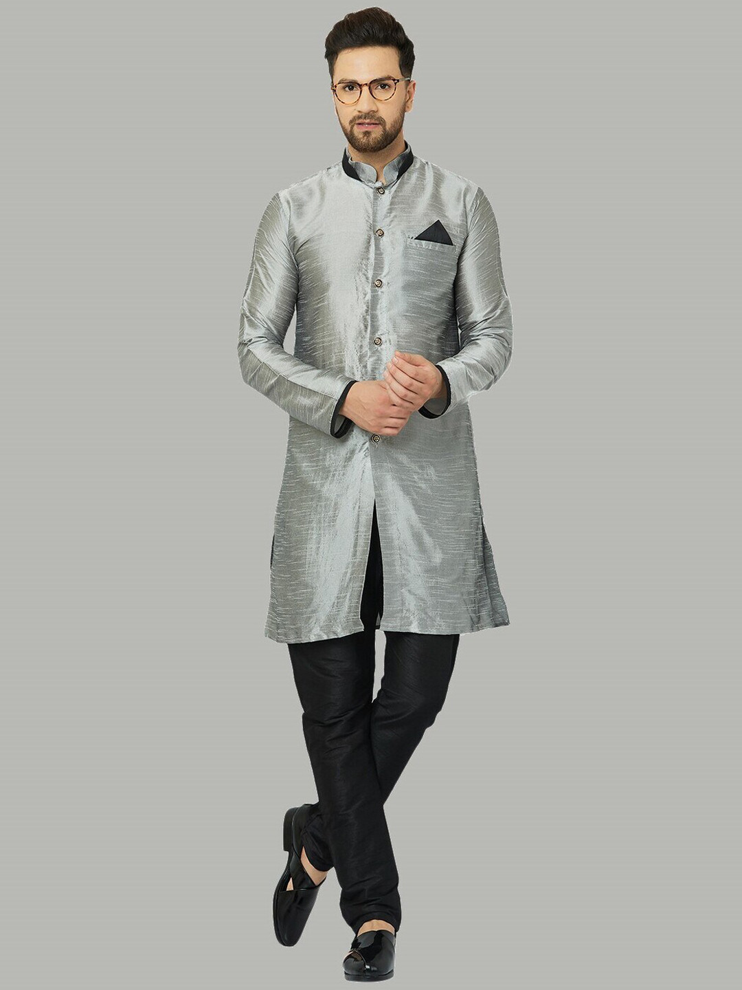 Kaifoo Men Silver Silk Blend Mandarin collar Kurta with Pyjamas