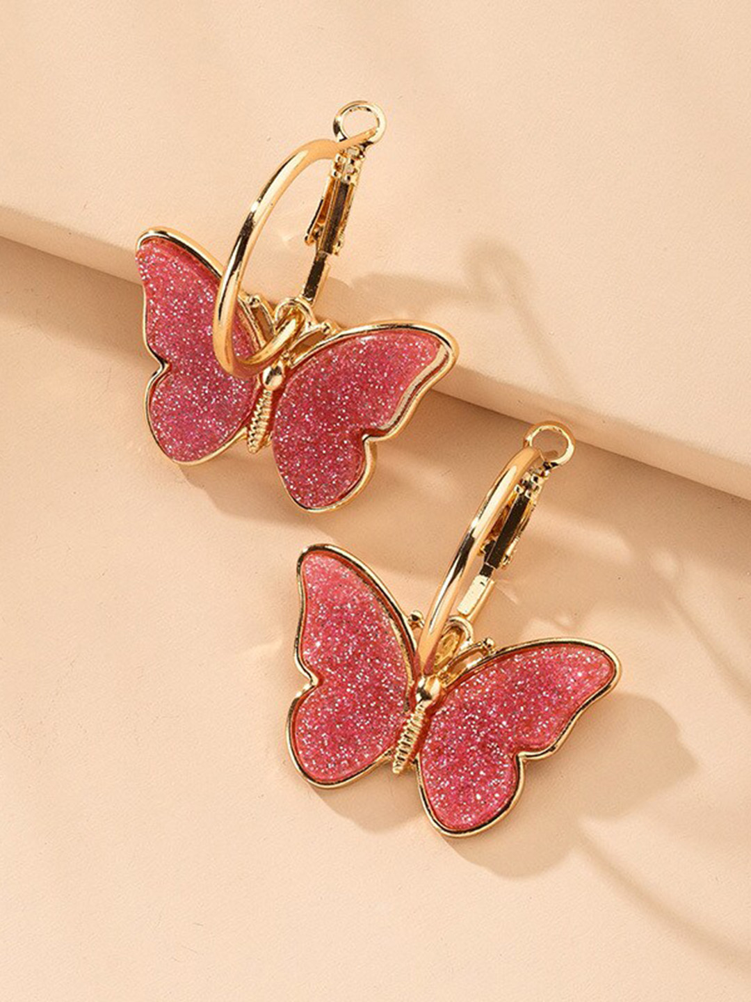 Unwind by Yellow Chimes Pink Contemporary Butterfly Hoop & Drop Earrings
