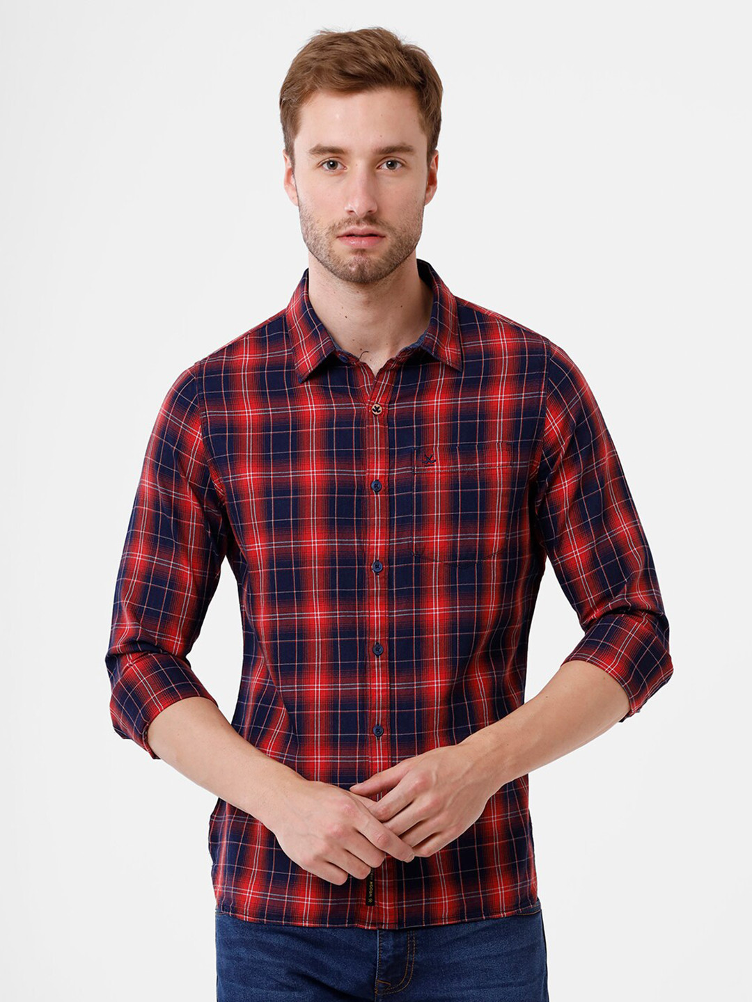 WROGN Men Navy Blue Slim Fit Tartan Checks Casual Shirt