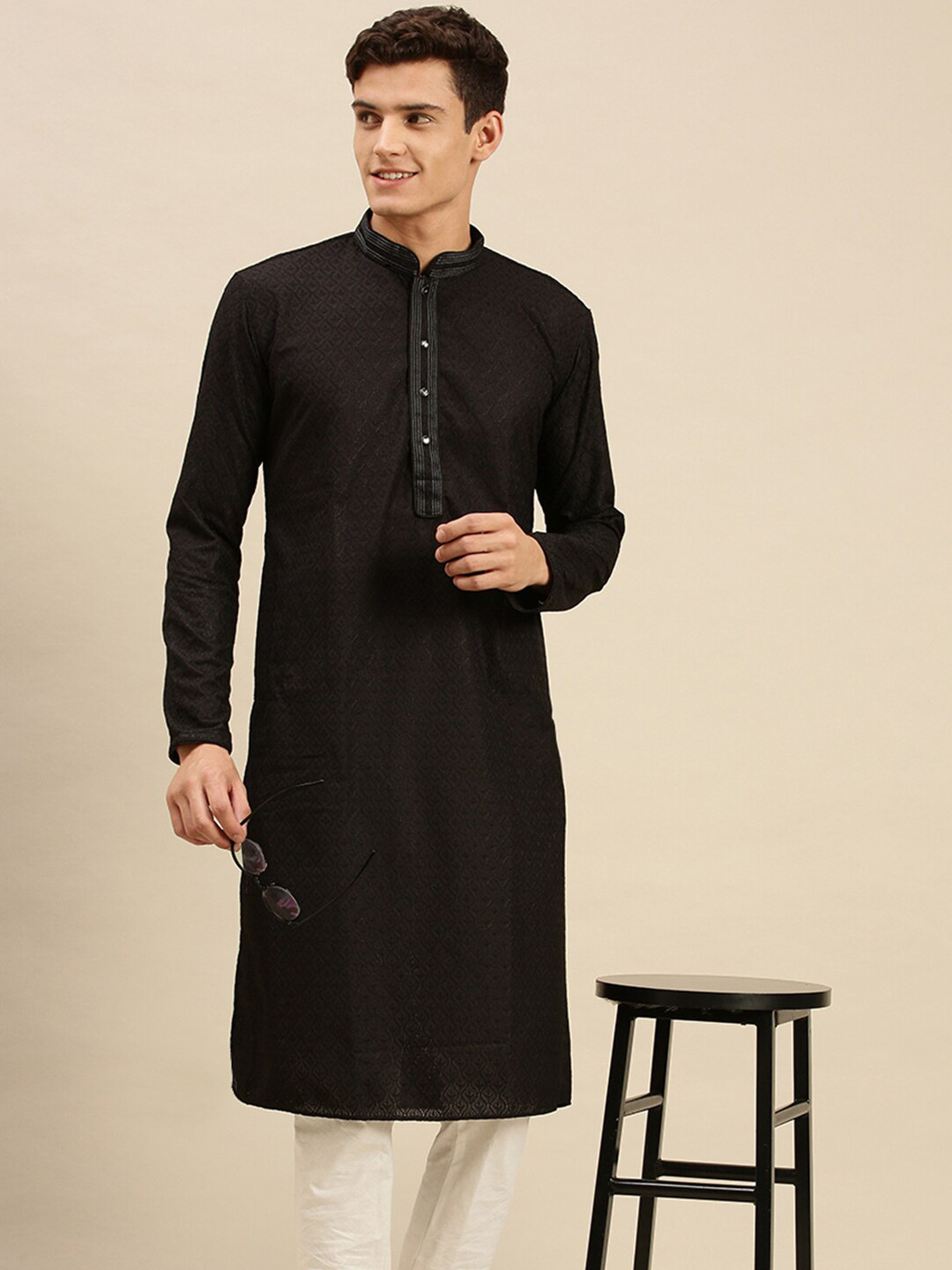 Here&Now X Sanwara  Men Black Geometric Thread Work Pastels Kurta