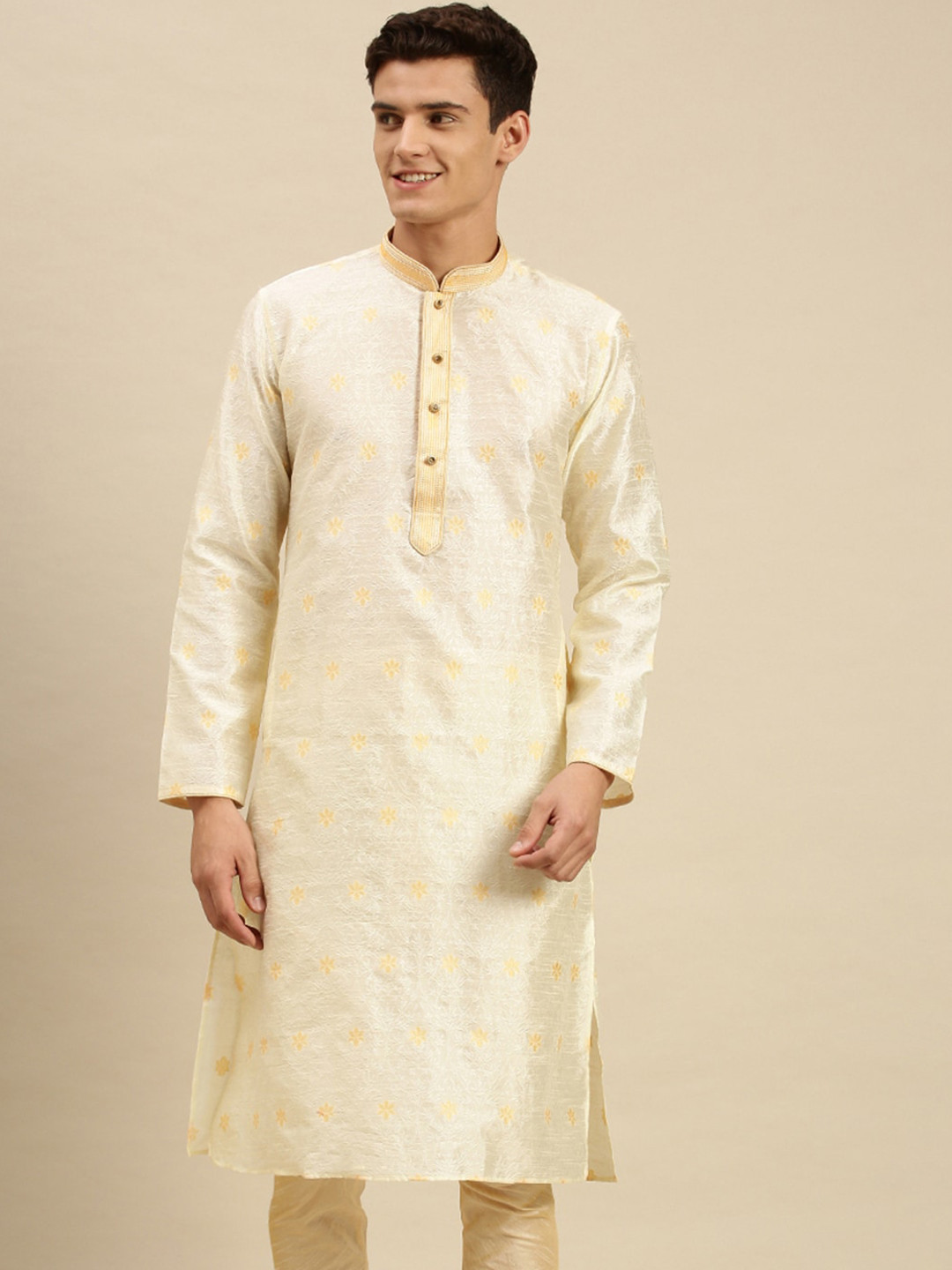 Here&Now X Sanwara  Men Cream-Coloured Thread Work Pastels Jacquard Kurta