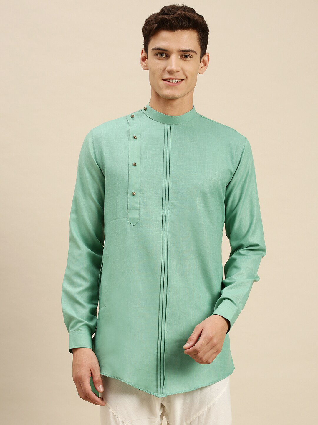 Here&Now X Sanwara  Men Green Pastels Cotton Kurta