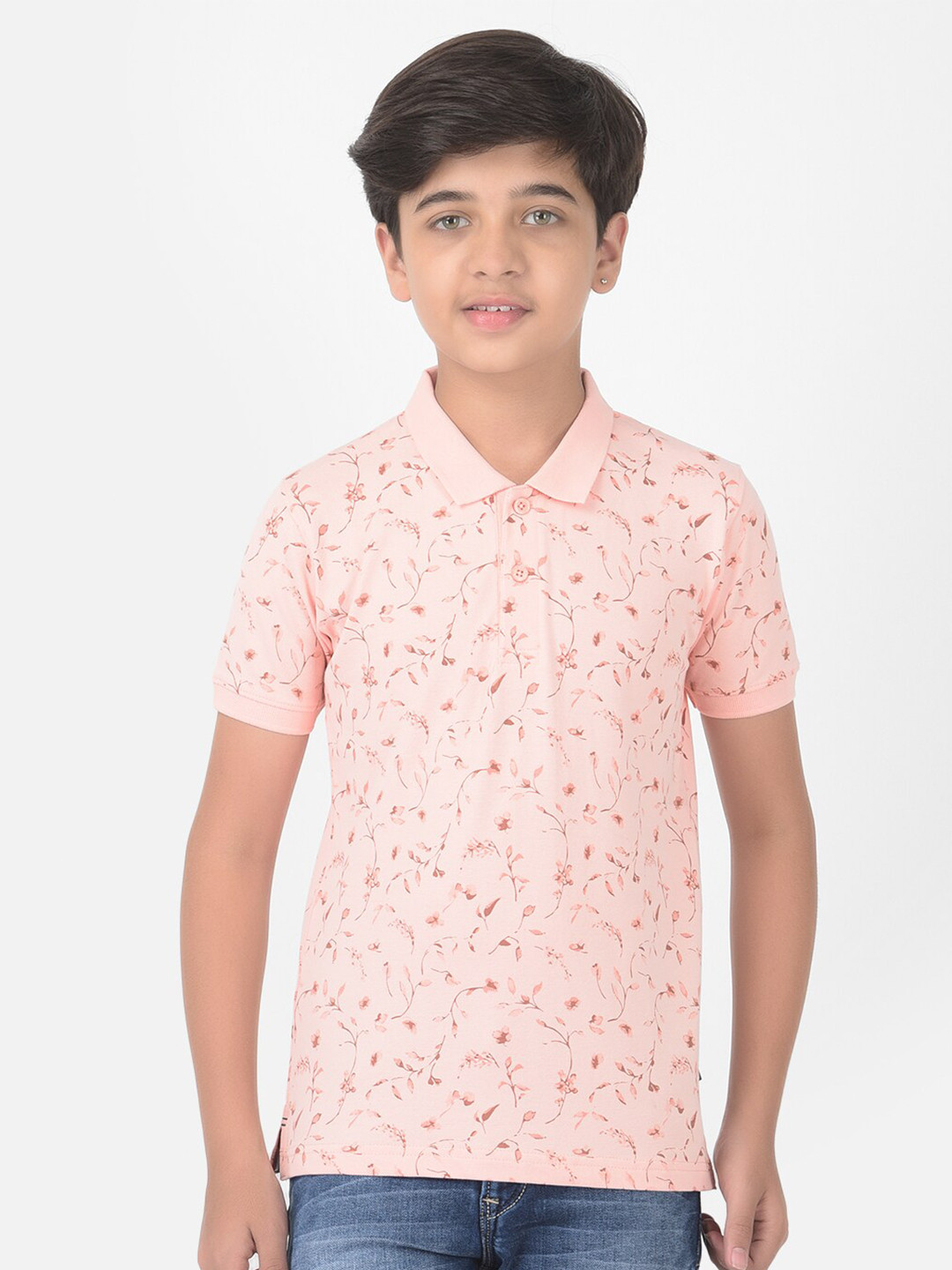 Crimsoune Club Boys Pink Floral Printed Polo T-shirt