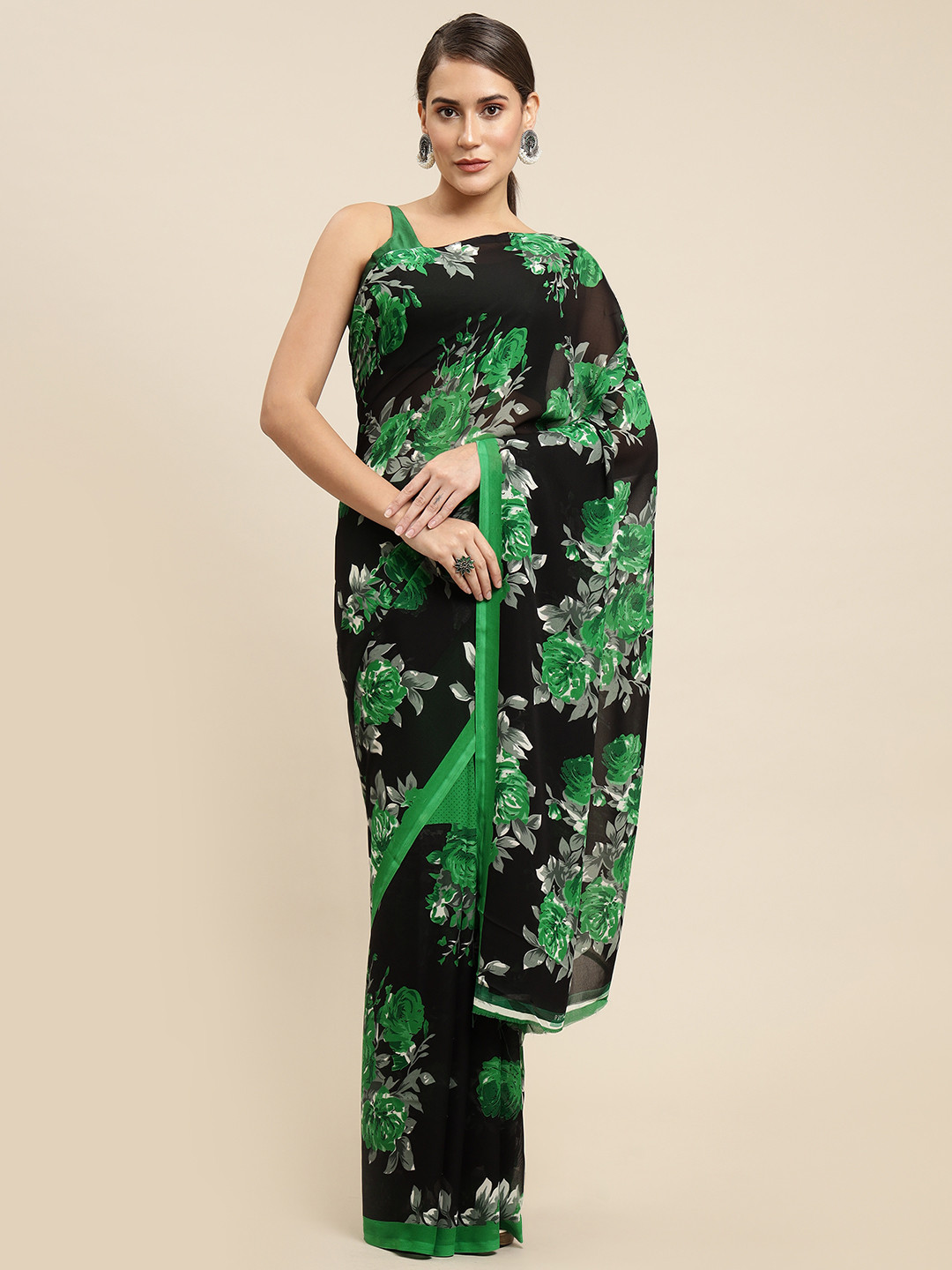 Moda Rapido Women Green & Black Floral Saree