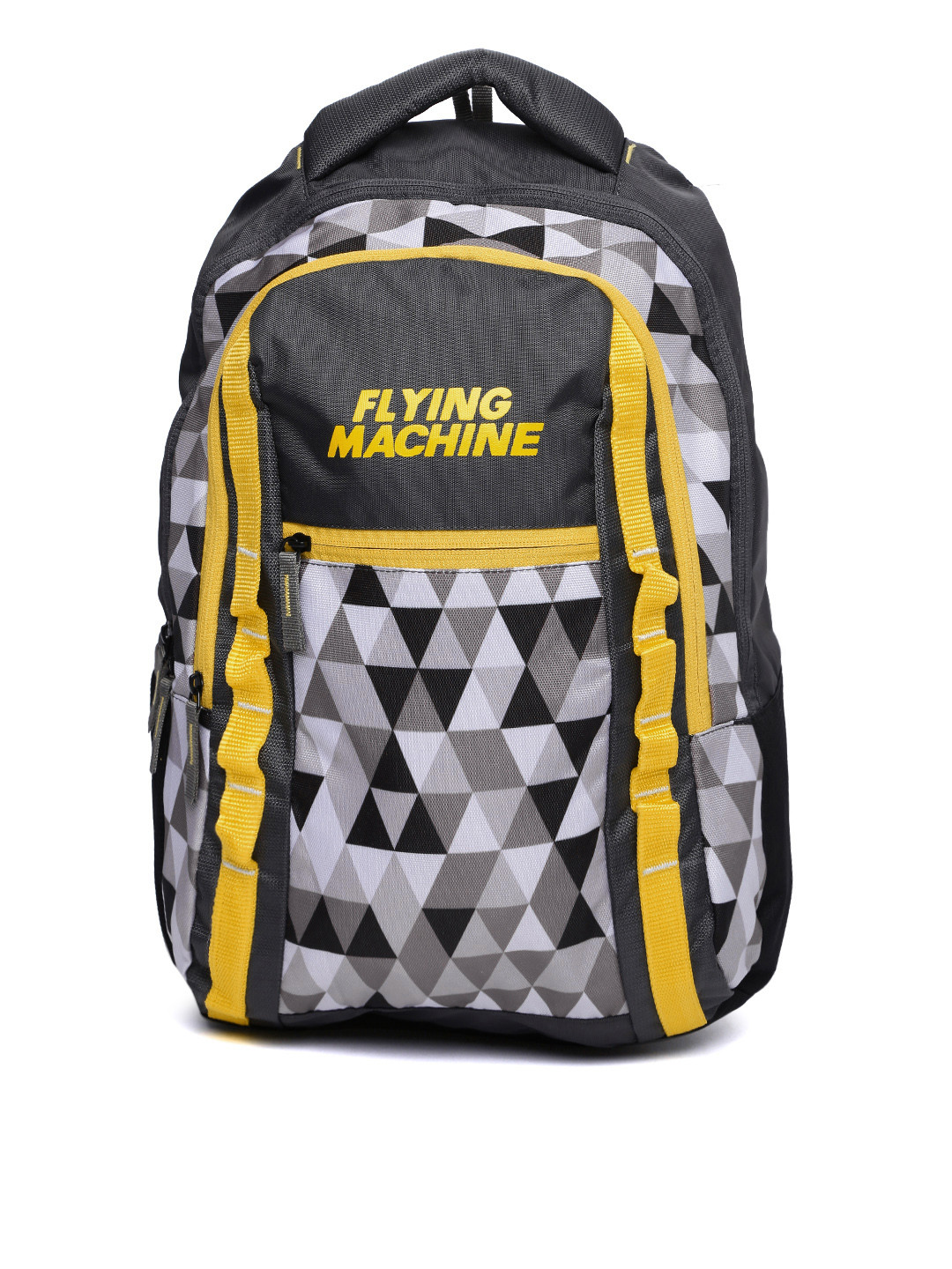 Flying Machine Unisex Charcoal Grey & Yellow Printed Backpack