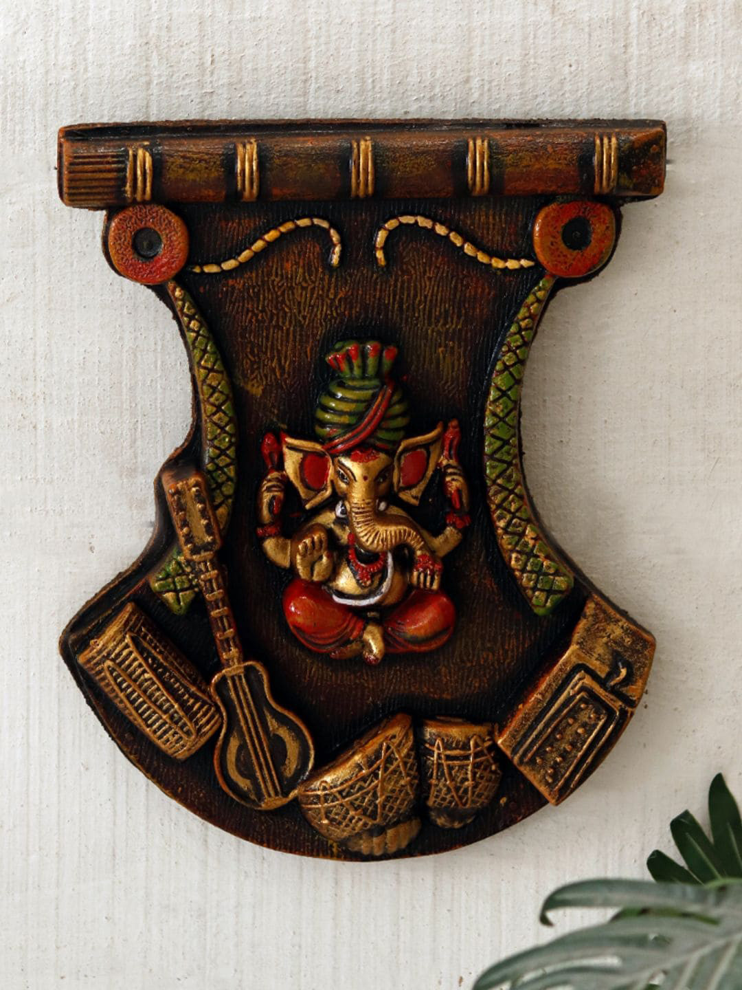 Unravel India Brown Ganesh With Tabla & Guitar Hand Painted Wall Art