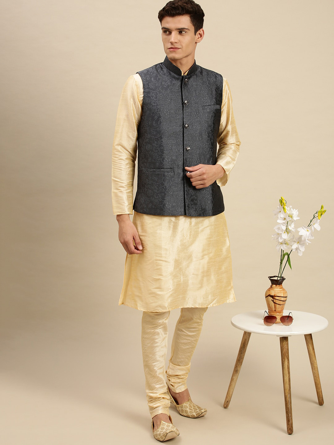 Here&Now X Sanwara  Men Grey Printed Art Silk Ethnic Nehru Jackets