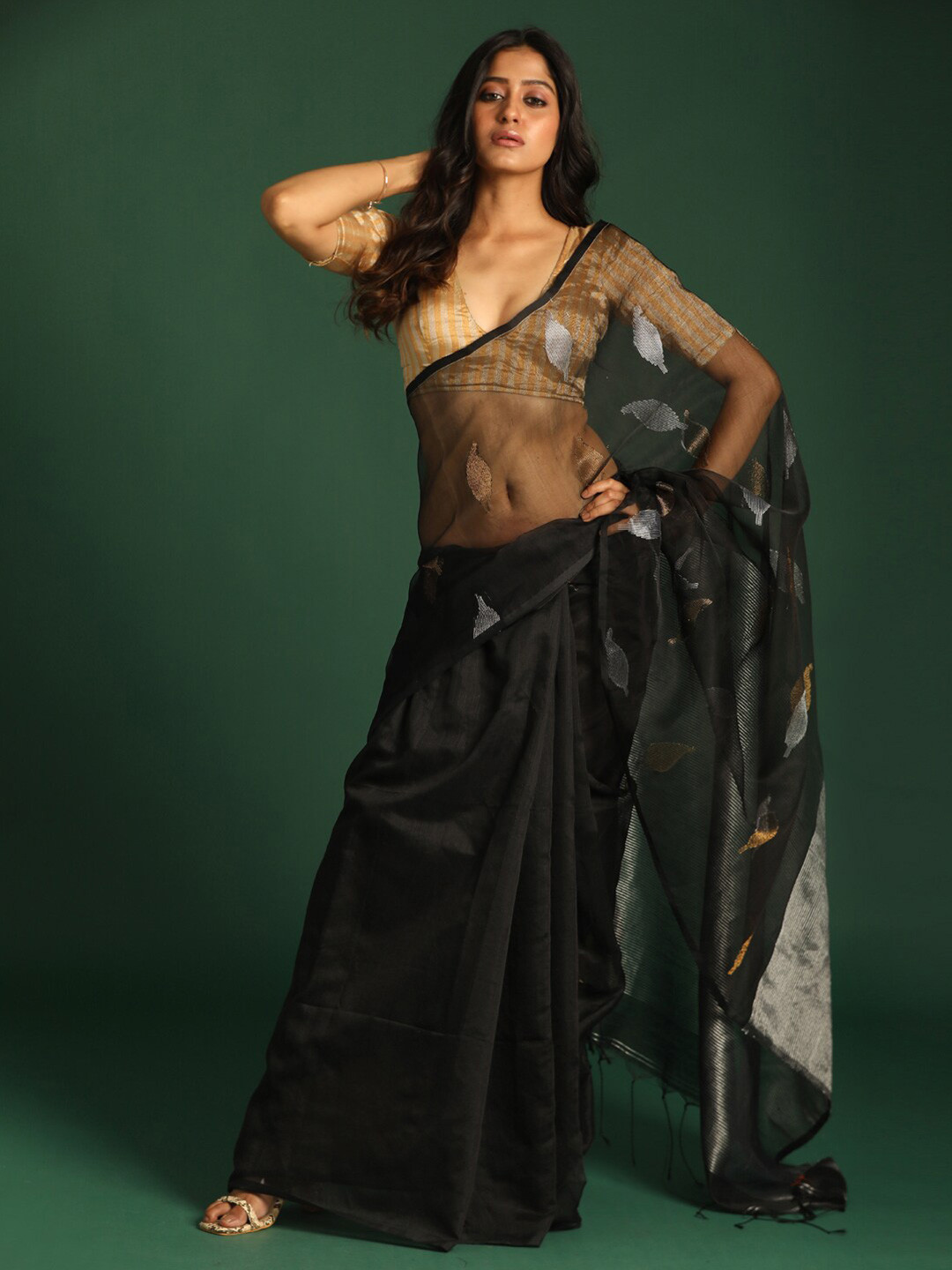 Indethnic Black & Silver-Toned Ethnic Motifs Half and Half Jamdani Saree