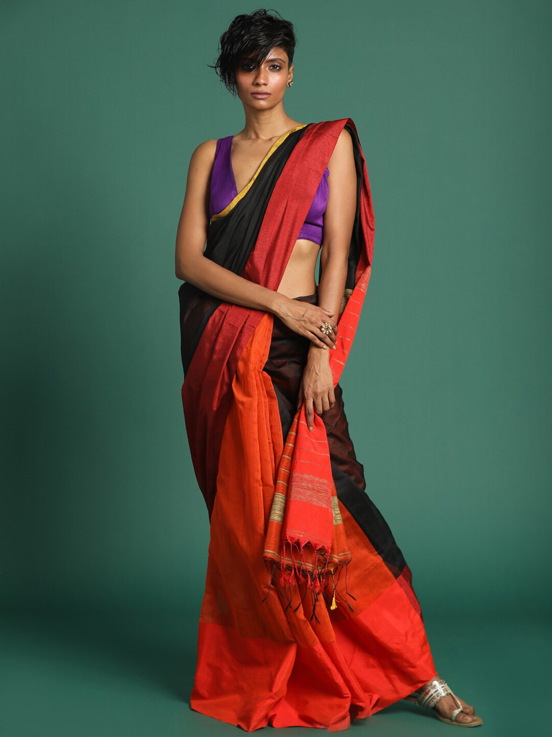 Saranee Black & Red Colourblocked Zari Half and Half Jamdani Saree