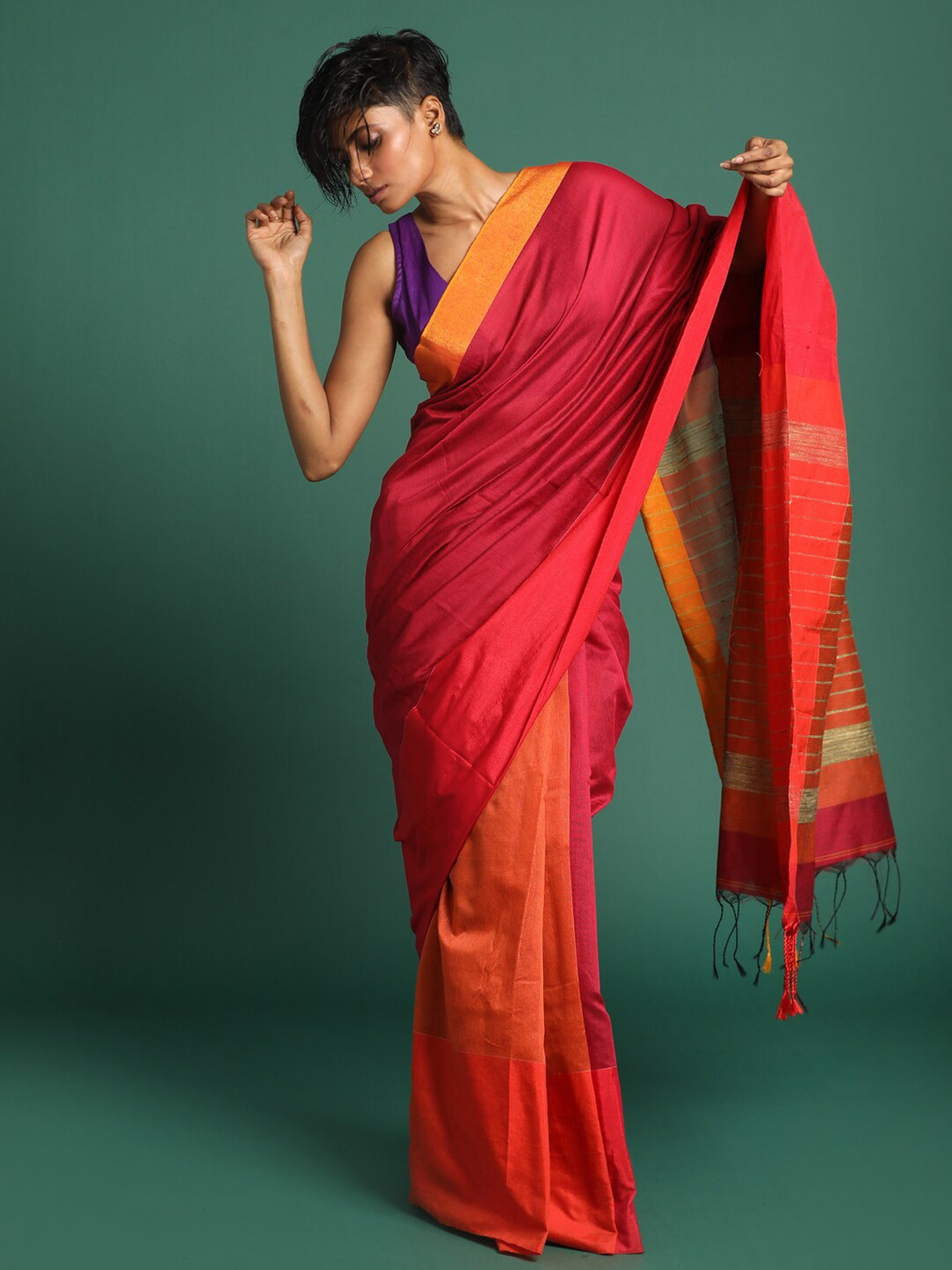 Saranee Red & Orange Colourblocked Zari Half and Half Jamdani Saree