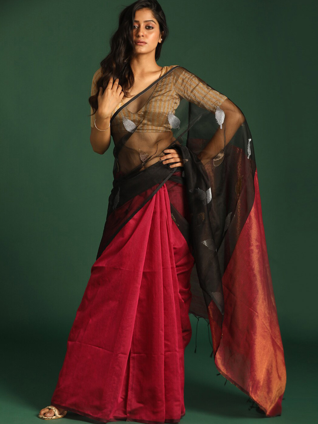 Indethnic Red & Black Woven Design Zari Half and Half Jamdani Saree