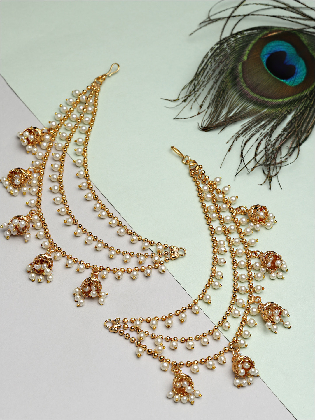 ZENEME Gold Plated Classic Jhumka Layered Pearl Earchian