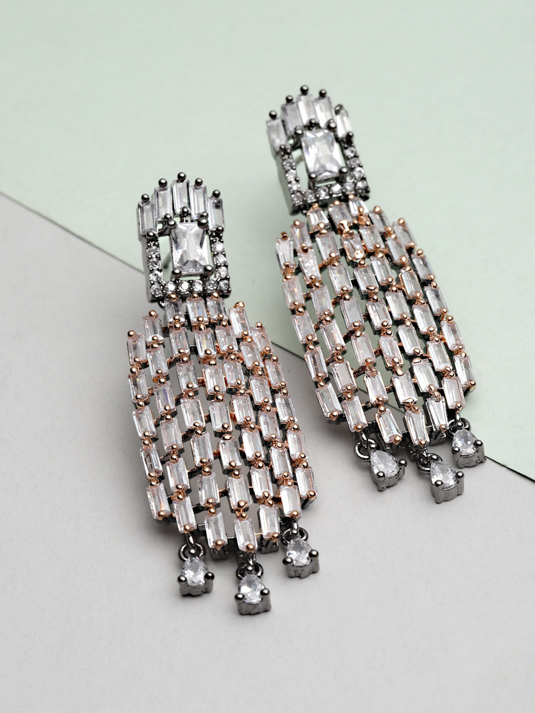 ZENEME Rose Gold Plated White AD Studed Dangler Earrings