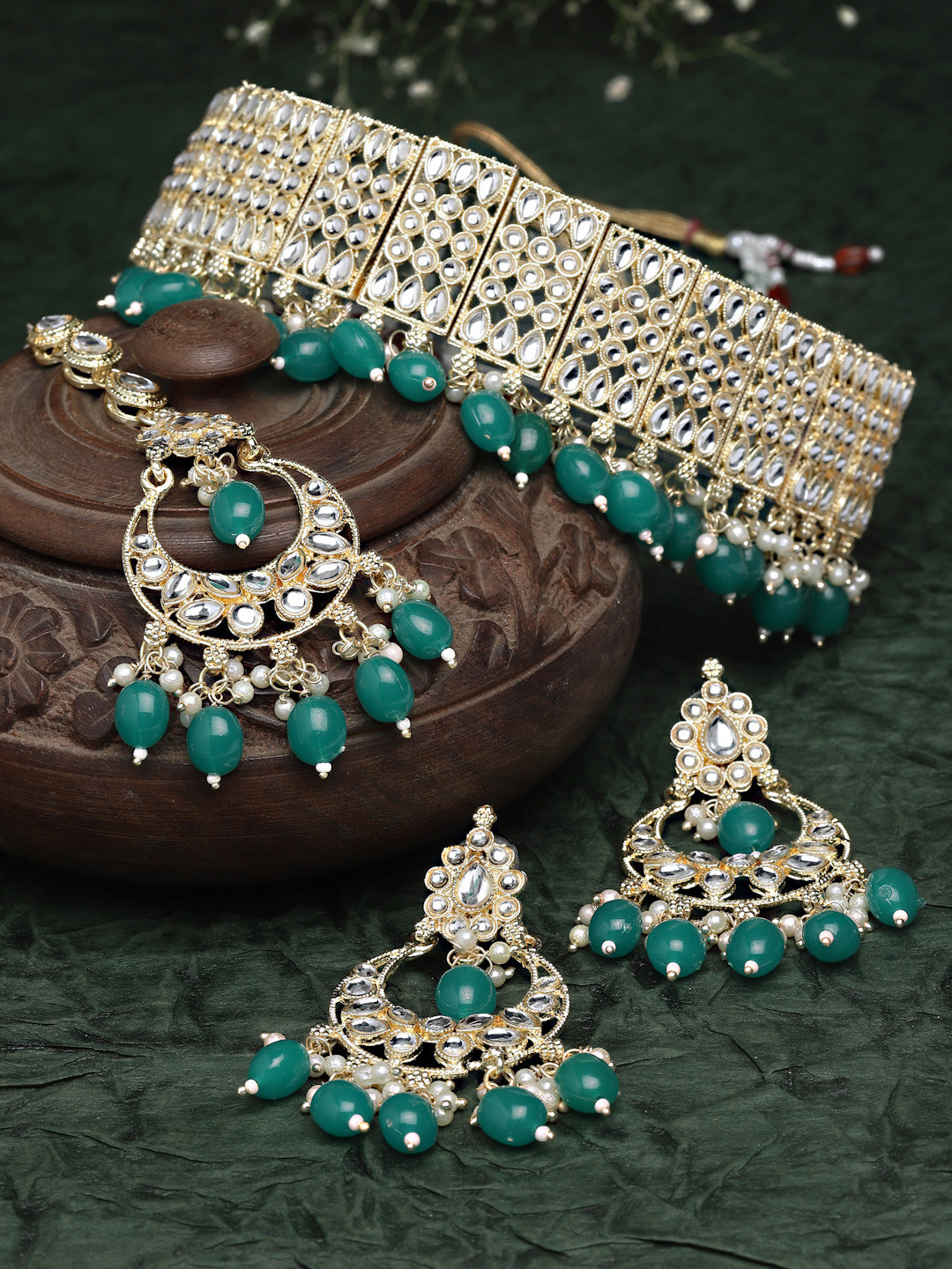ZENEME Teal Blue Gold-Plated Kundan Studded Jewelry Set