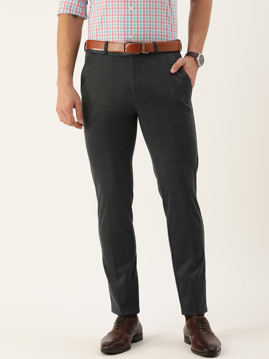 Peter England Men Navy Blue Solid Super Slim Fit Trousers