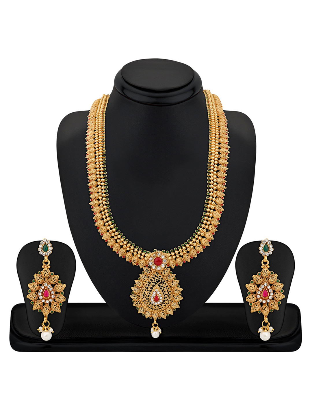 APARA Gold-Plated Pink & Green CZ Studded Necklace Set