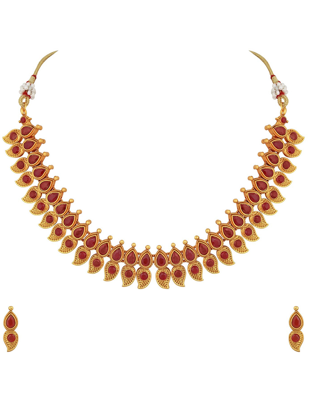 APARA Gold-Plated Red Stones-Studded Jewellery Set