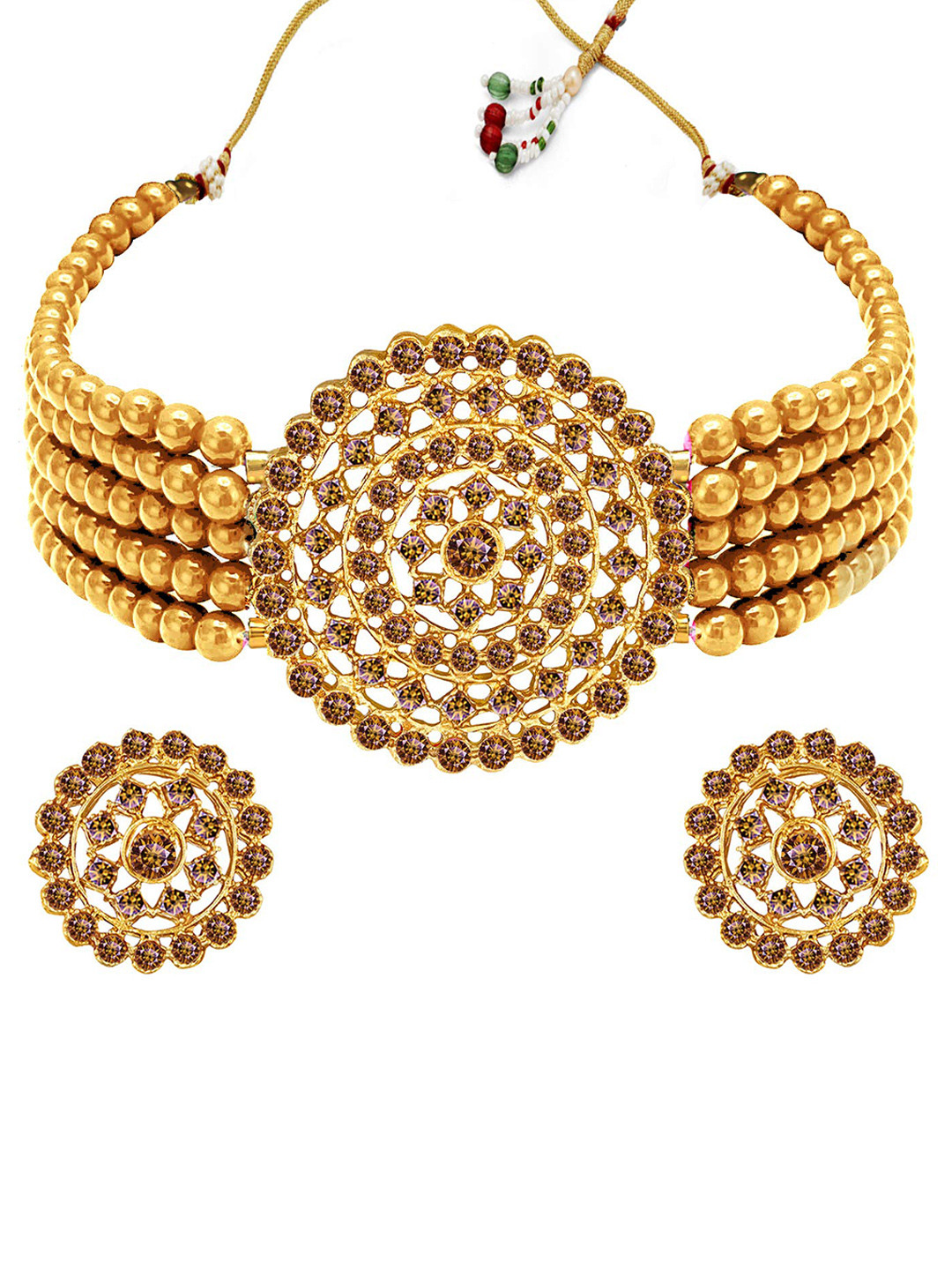APARA Gold-Plated Gold-Toned & White Stone Studded & Beaded Jewellery Set
