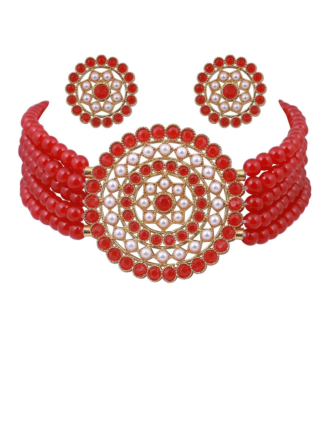 APARA Gold-Plated White & Red Stone Studded & Beaded Jewellery Set