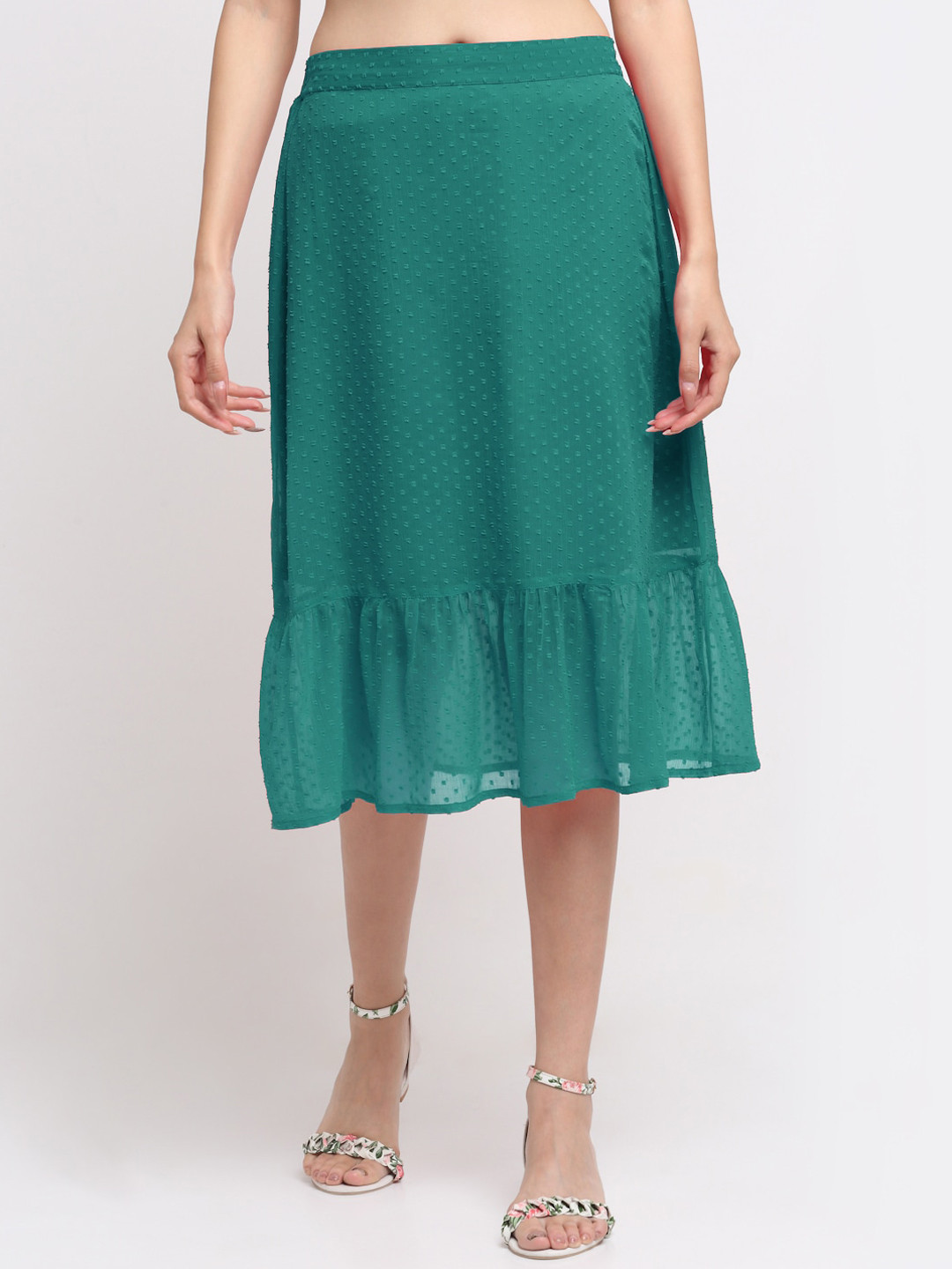 NEUDIS Women Green Chiffon Self-Design Knee-Length A-Line Skirt