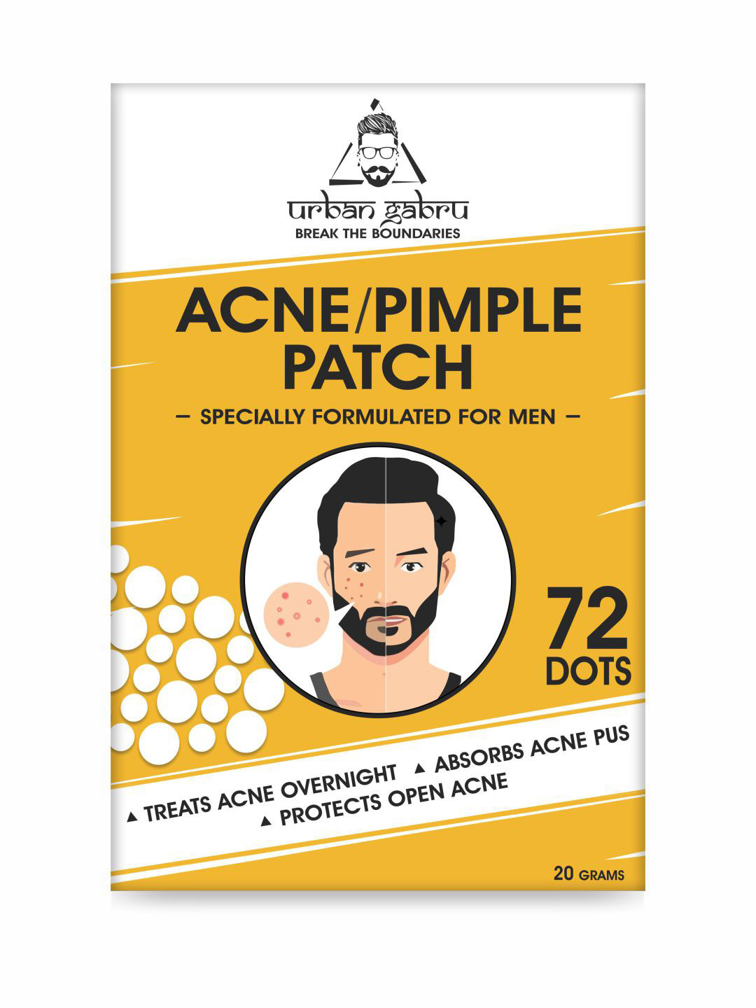 URBANGABRU Men Invisible Acne Pimple Patch Stickers with 100% Hydrocolloid - 72 Patches