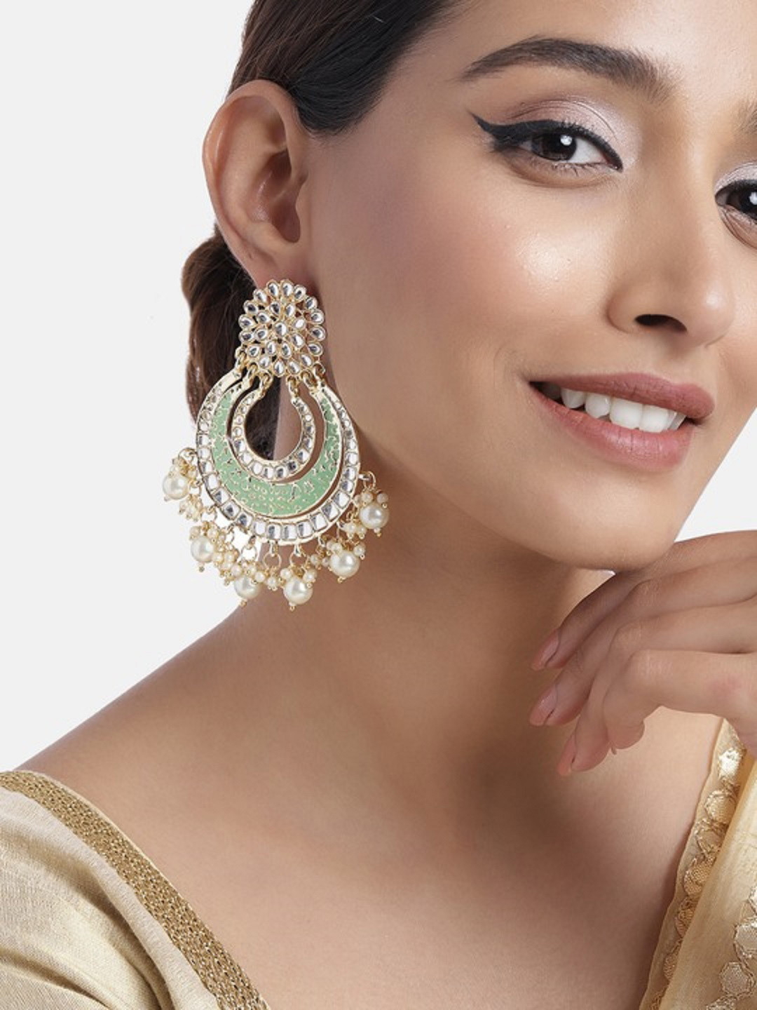 I Jewels Gold-Toned & Green Teardrop Shaped Chandbalis Earrings