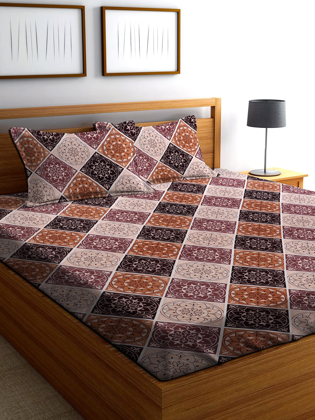 AAZEEM Brown Ethnic Motifs Polycotton 180 TC Fitted Queen Fine Bedsheet with 2 Pillow Covers-250 x 225 cm