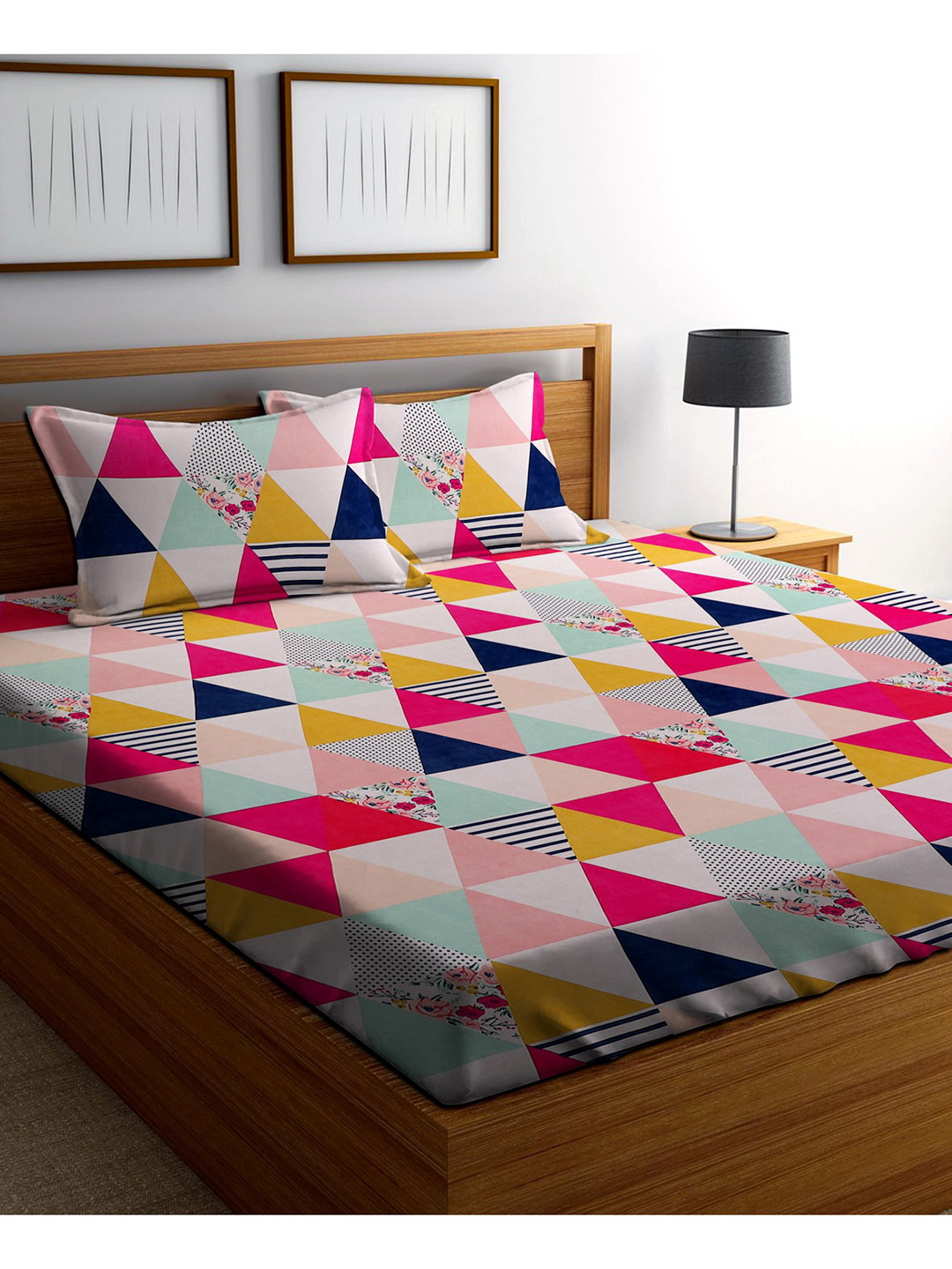 AAZEEM Navy Blue Geometric Polycotton 180 TC Fitted Queen Bedsheet with 2 Pillow Covers-90 x 60 inches
