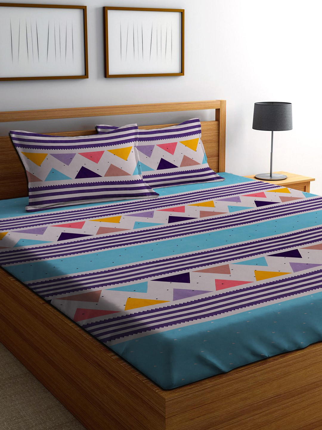 AAZEEM Blue Geometric Polycotton 180 TC Fitted Queen Fine Bedsheet with 2 Pillow Covers-91 x 91 inches