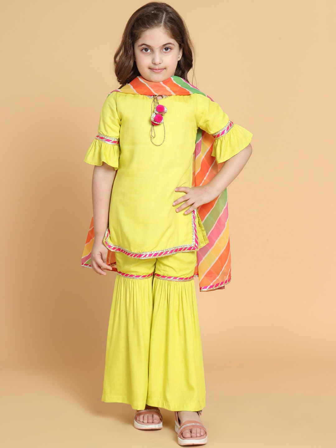 PICCOLO Girls Yellow High Slit Kurti with Sharara & With Dupatta