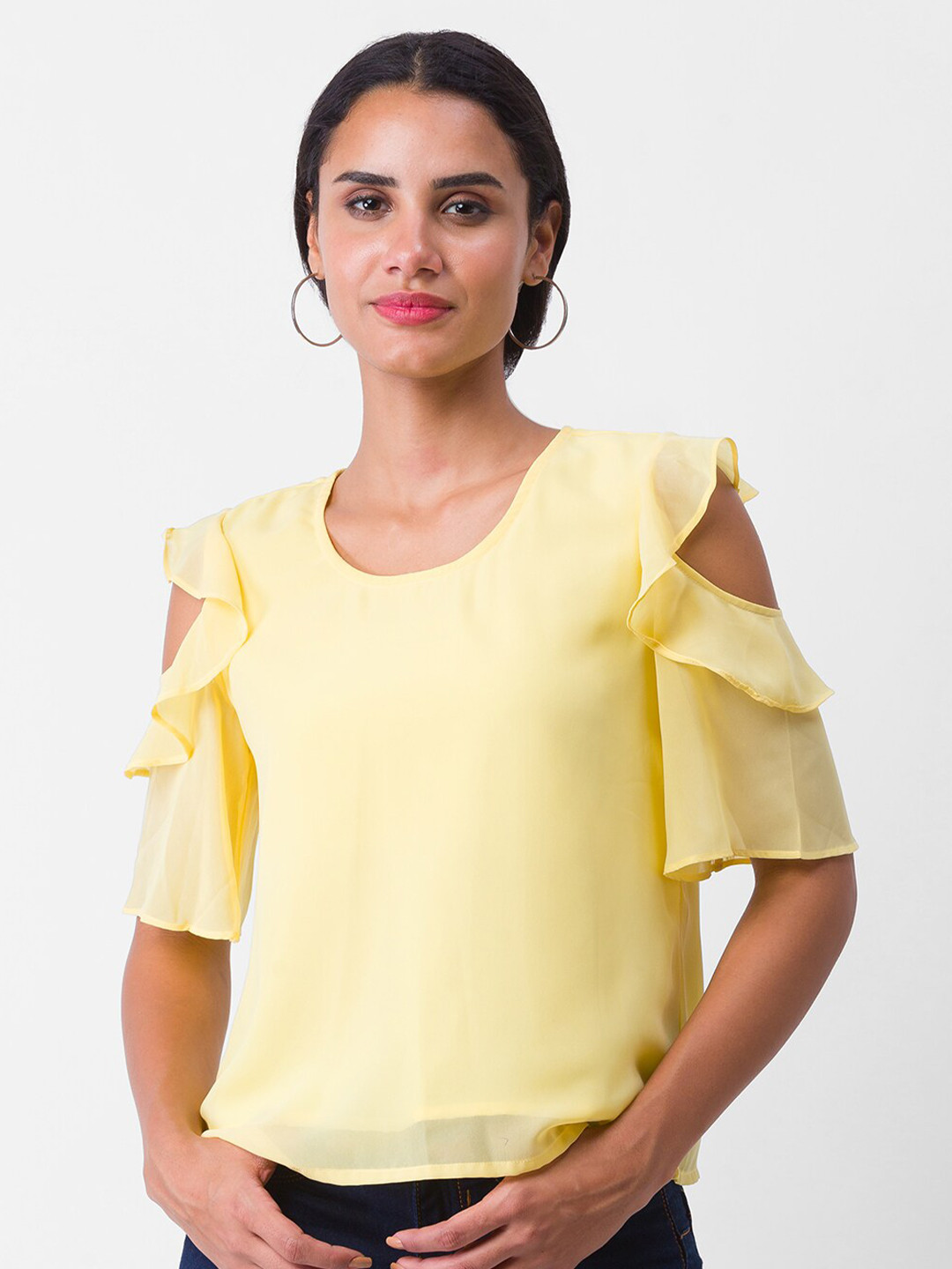Globus Yellow & Sheer Ruffles Georgette Top