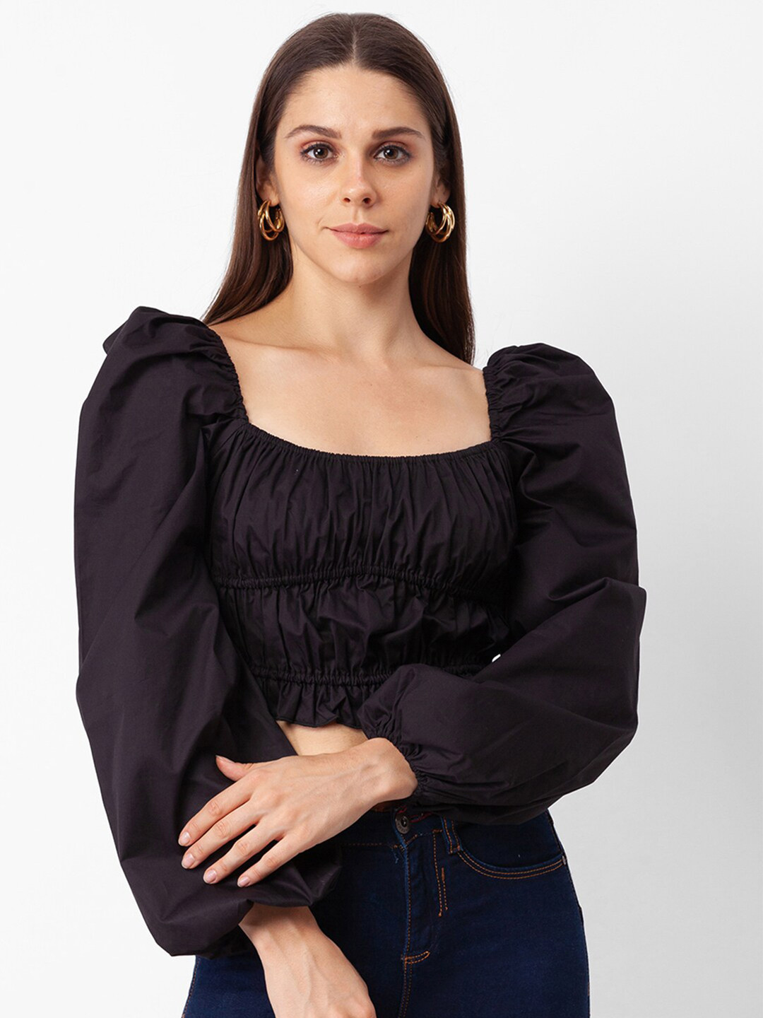 Globus Black Smocked Puff Sleeves Crop Top