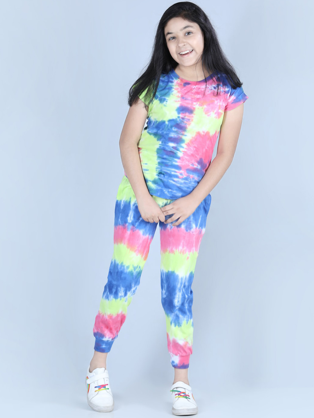 StyleStone Girls Pink & Blue Tie & Dye Printed Cotton Track Suit Set