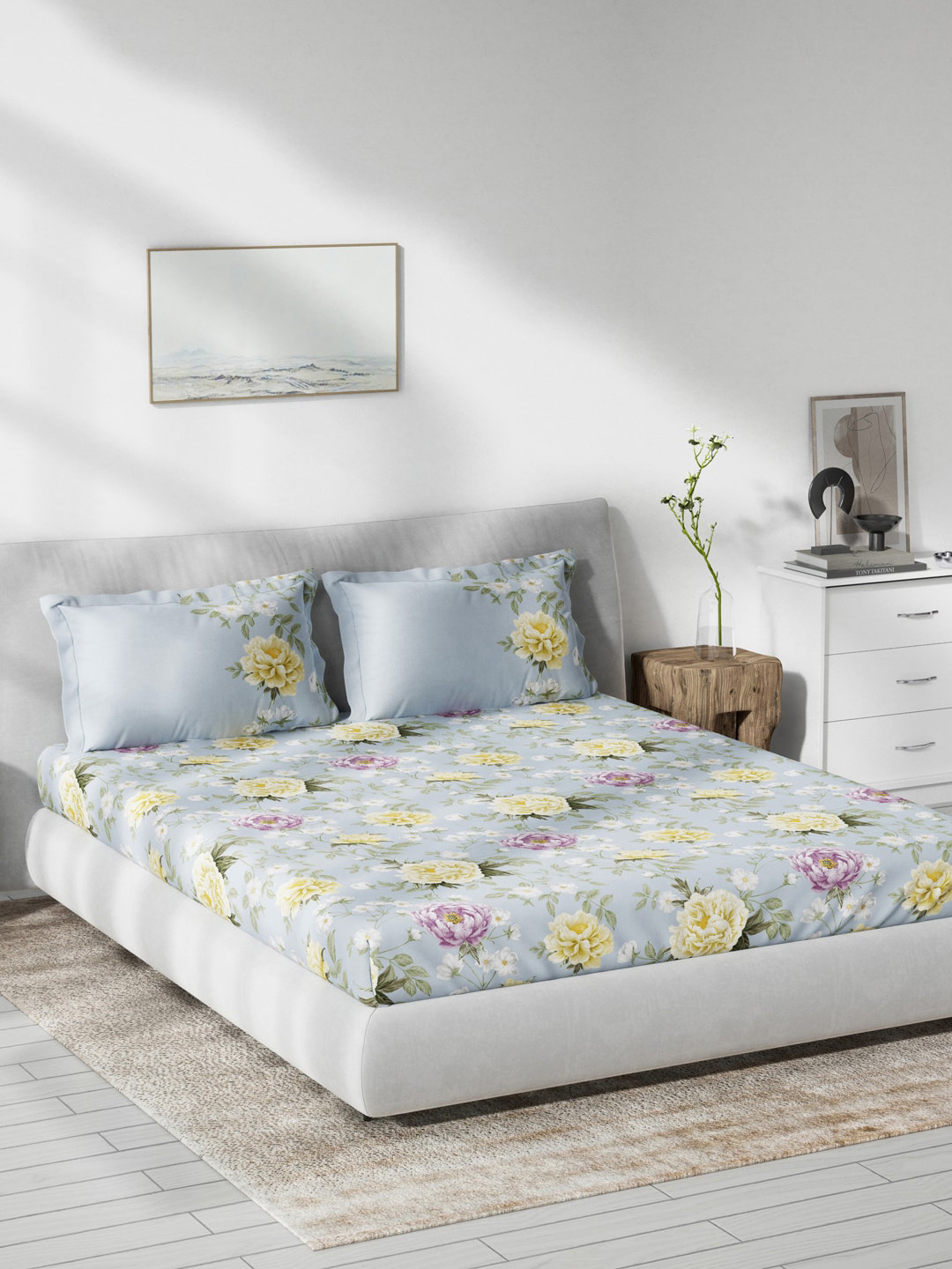 DDecor Primary Collection Blue Floral Cotton 136tc King Bedsheet With 2 Pillow Covers