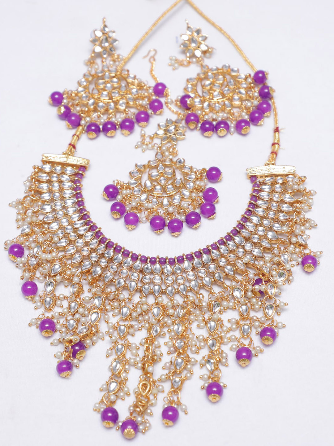 Swarajshop Gold-Plated Purple Kundan Studded & Beaded Handcrafted Jewellery Set