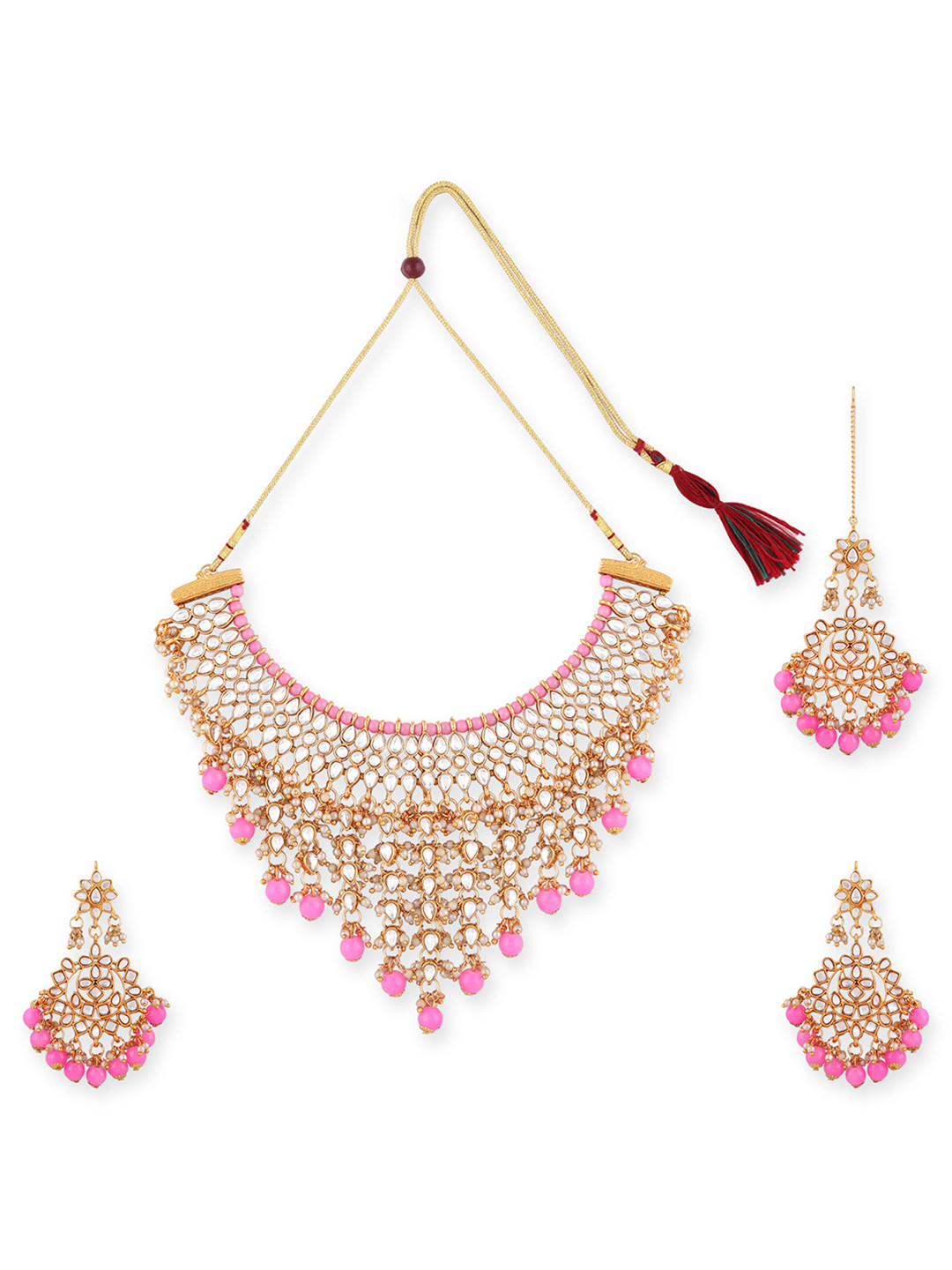 Swarajshop Gold-Plated & White Stone-Studded Pink Pearl Beaded Jewellery Set