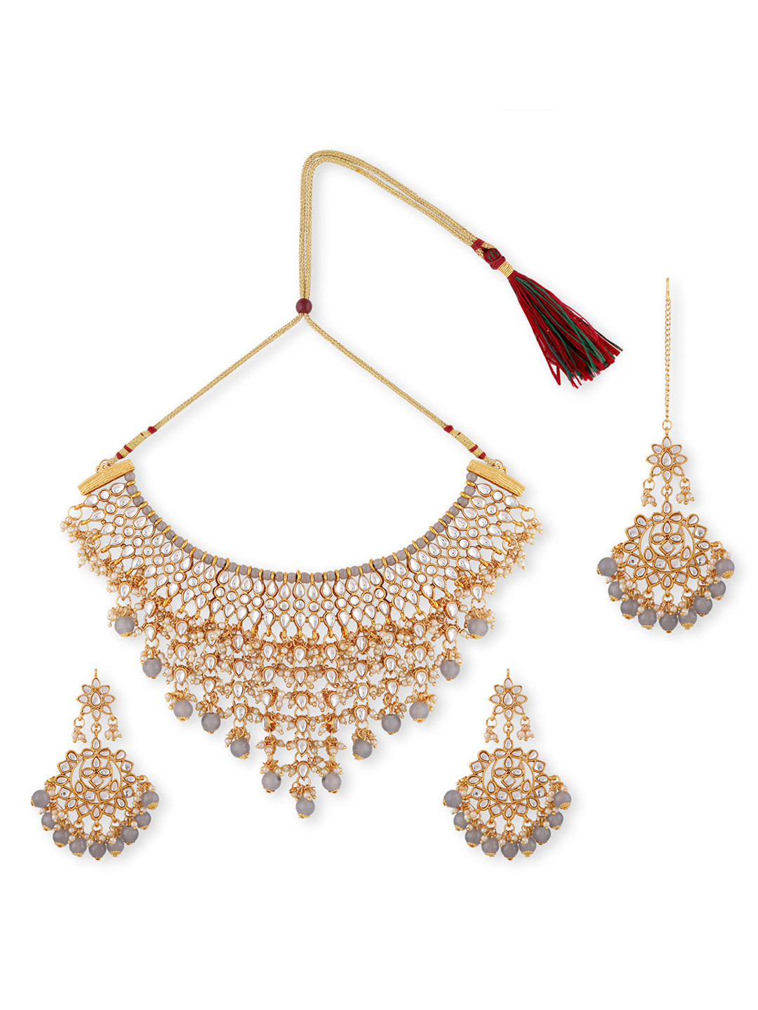 Swarajshop Gold-Plated Grey Kundan-Studded Jewellery Set