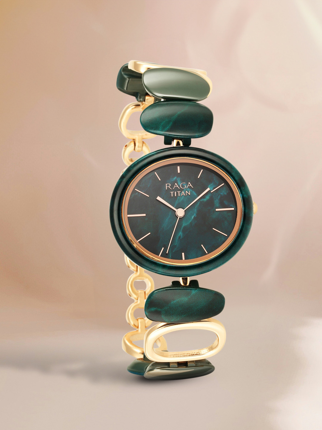 Titan Women Green Brass Mother of Pearl Dial & Ceramic Bracelet Style Straps Analogue Watch 95146KD02