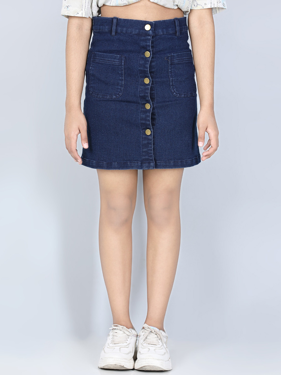 StyleStone Girls Blue Denim Mini Straight Skirt With Front Buttons