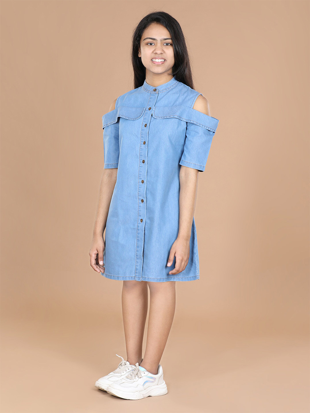 StyleStone Blue & pale blush Denim Shirt Dress
