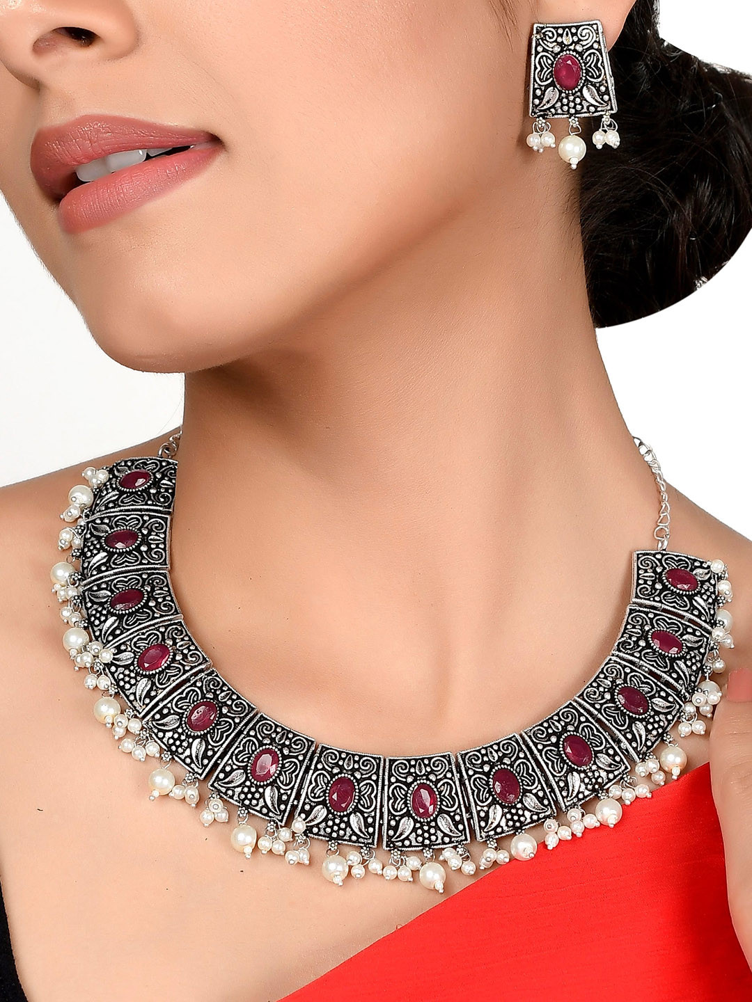 AQUASTREET JEWELS Silver Plated Red Oxidised Handcrafted Necklace Set with Faux Ruby