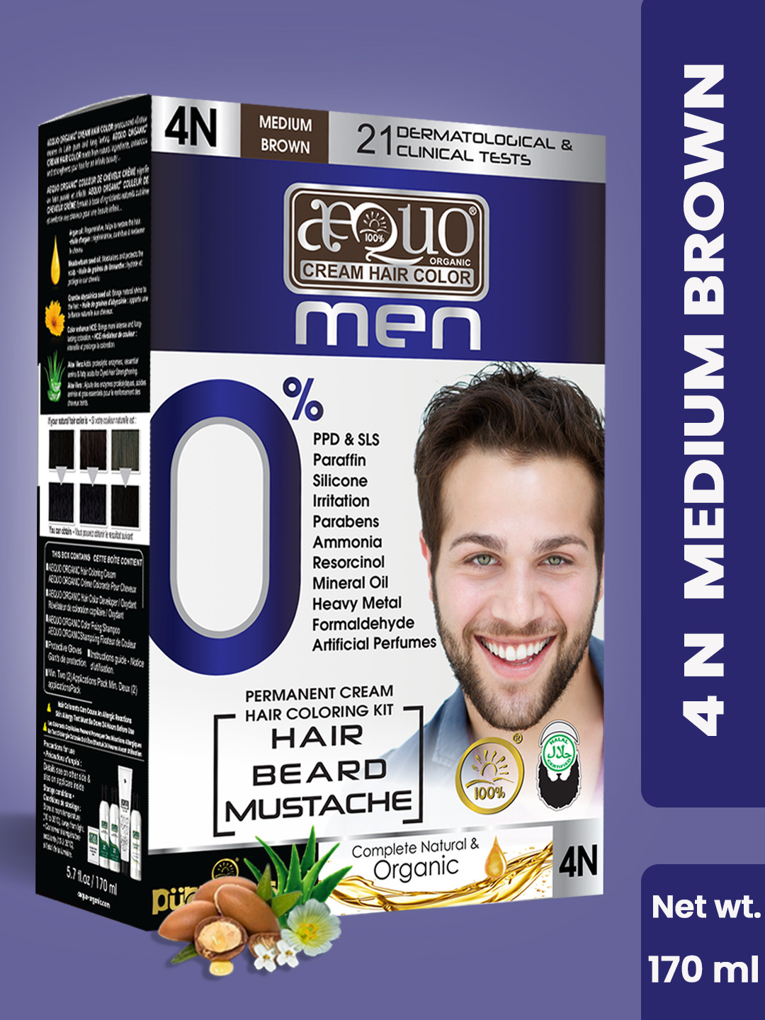 Aequo Organic Men Permanent Hair Color for Hair Beard & Moustache 170ml - Medium Brown 4N