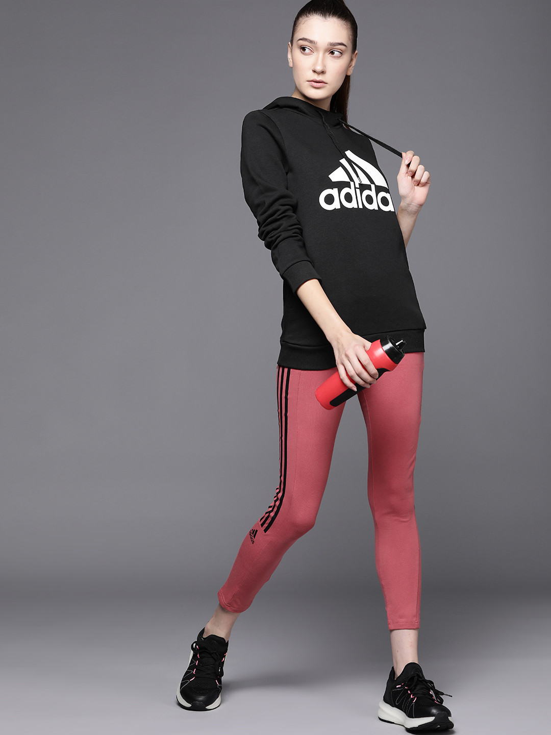 ADIDAS Women Black & White Brand Logo Printed Hooded Sweatshirt